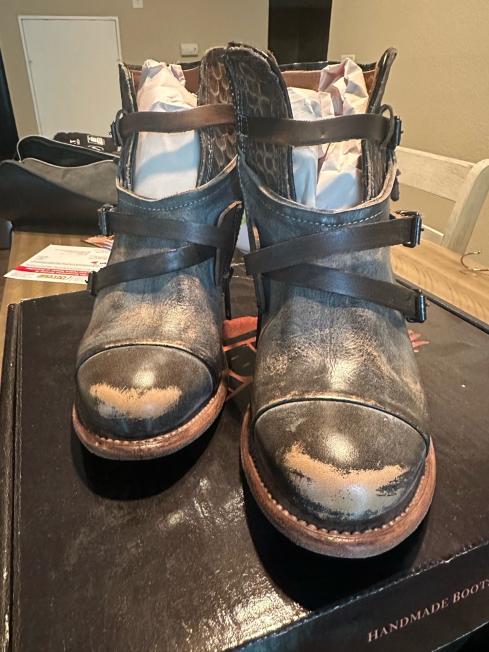 Freebird by Steven Crue Women's Distressed Gray Leather Ankle Boots with Buckles - Picture 2 of 4